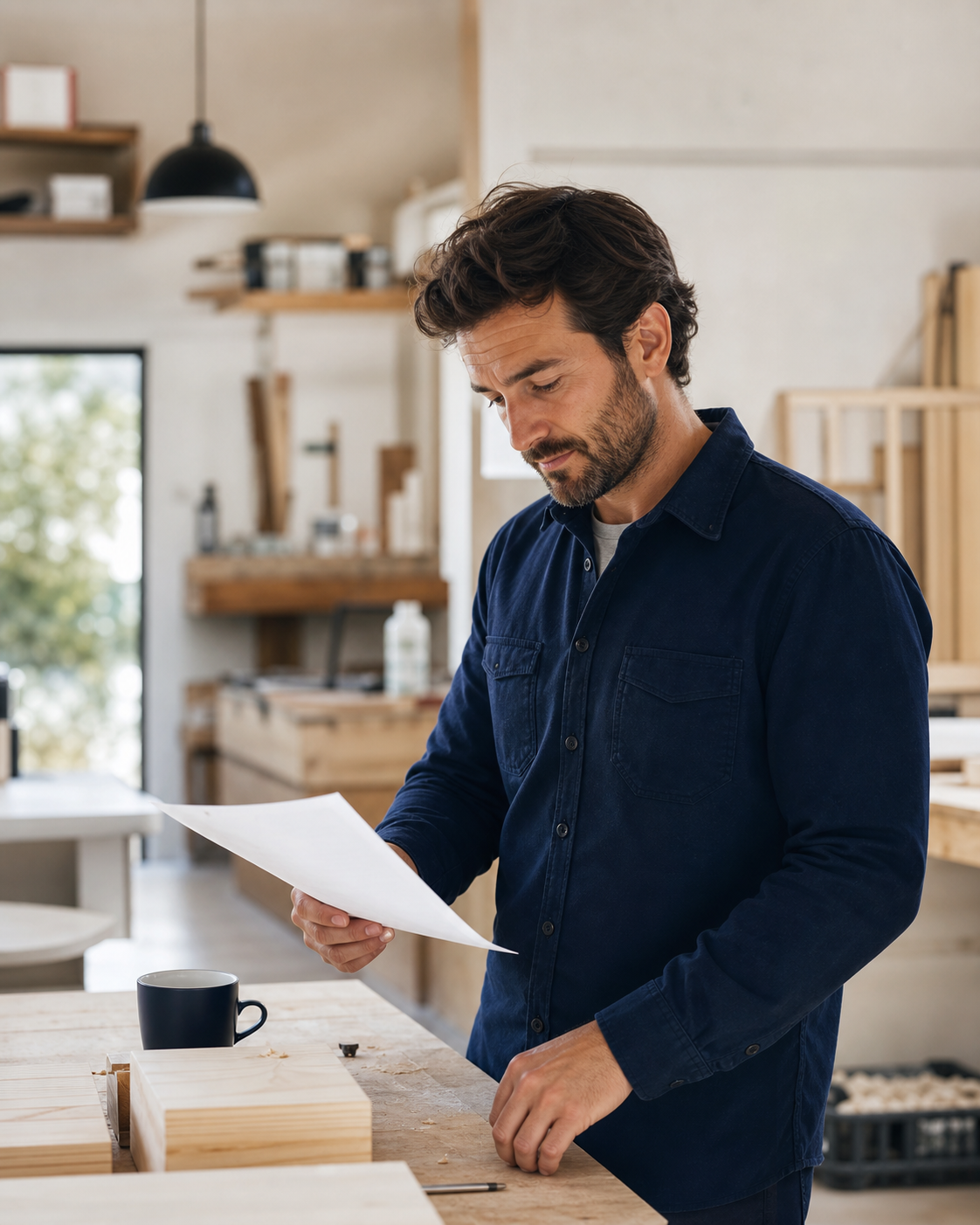 Artisan consultant une facture dans son atelier