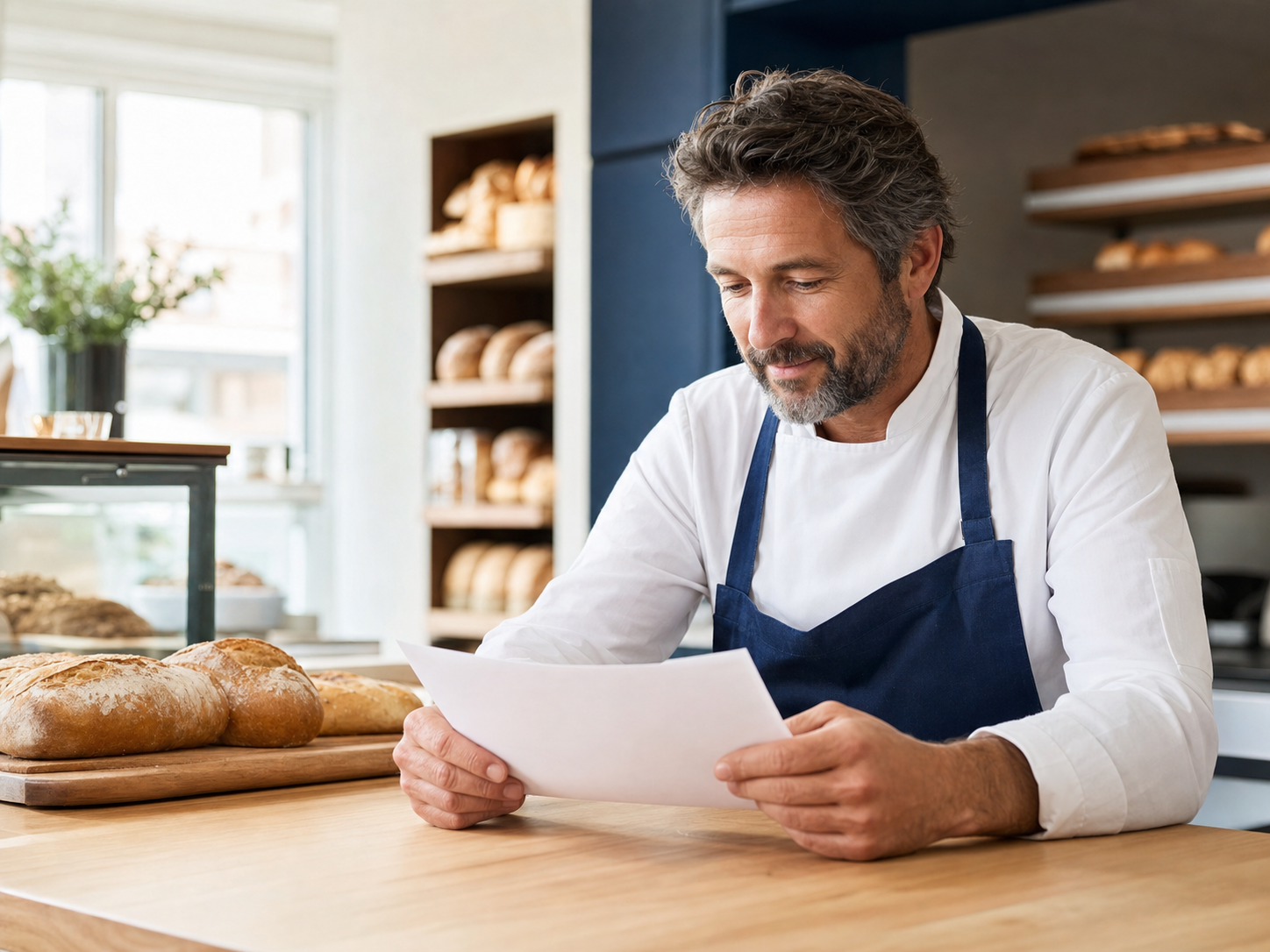 Boulanger professionnel consultant une facture